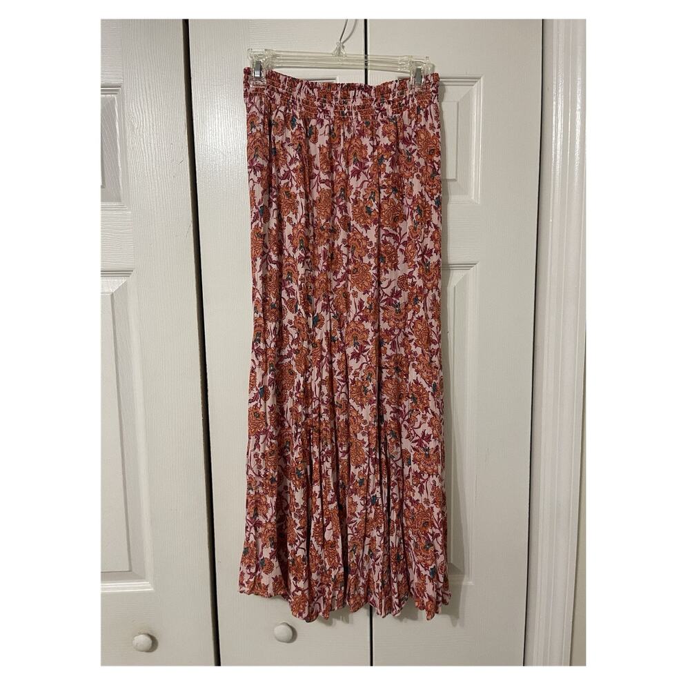Lola P. Floral Long Rayon Skirt Smocked Waist Orange Pink Cream Bohemian Size M